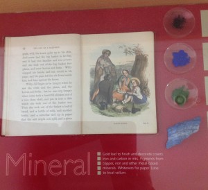 Minerals, seen here at the British Library's center for conservation exhibit, were utilized to create color. Now, conservationists must duplicate these natural colors when repairing old texts.